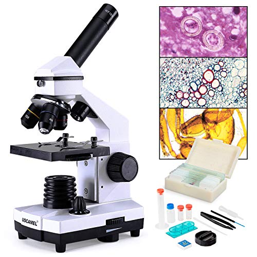 USCAMEL Microscopio paraniños ,de Vidrio Optico de Alta Calidad de 40-400x Para Estudiantes de Investigación Científica, con Muestras Biológicas Incluidas