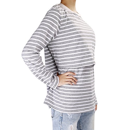 UTOVME Mujeres Camiseta de Lactancia Premamá Camisa de Maternidad Ropa de Enfermería, Rayado de Mangas Largas Gris M