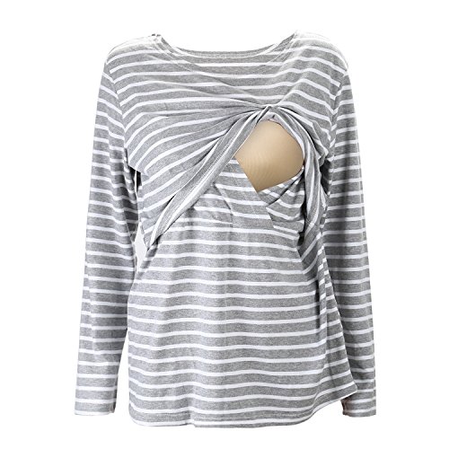 UTOVME Mujeres Camiseta de Lactancia Premamá Camisa de Maternidad Ropa de Enfermería, Rayado de Mangas Largas Gris M
