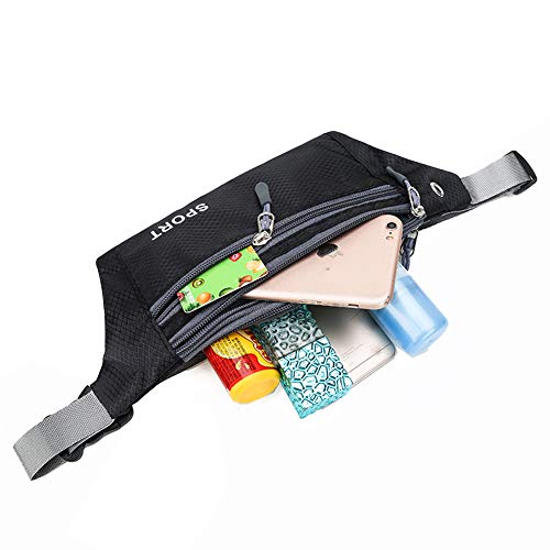 VAGHVEO - Riñonera impermeable de gran capacidad para mujeres, hombres, correr, senderismo, ciclismo, compras, viaje, bolsa de 3 bolsillos ajustable y correa elástica para auriculares, color negro