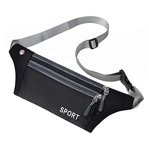 VAGHVEO - Riñonera impermeable de gran capacidad para mujeres, hombres, correr, senderismo, ciclismo, compras, viaje, bolsa de 3 bolsillos ajustable y correa elástica para auriculares, color negro