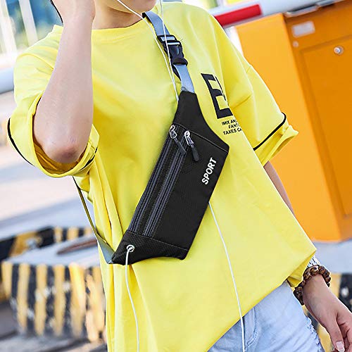 VAGHVEO - Riñonera impermeable de gran capacidad para mujeres, hombres, correr, senderismo, ciclismo, compras, viaje, bolsa de 3 bolsillos ajustable y correa elástica para auriculares, color negro