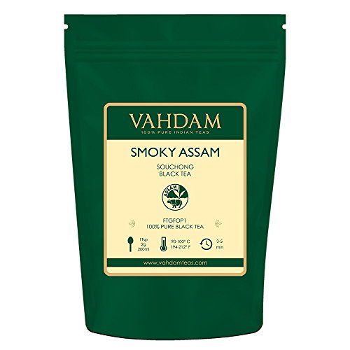 VAHDAM, té negro ahumado de Assam Souchong (50 tazas) | SABOR A FLAMOR ÚNICO Té de Assam | RICH & MALTY Hojas de té negro sueltas | Hojas de té negro ahumado y delicioso | 100gr