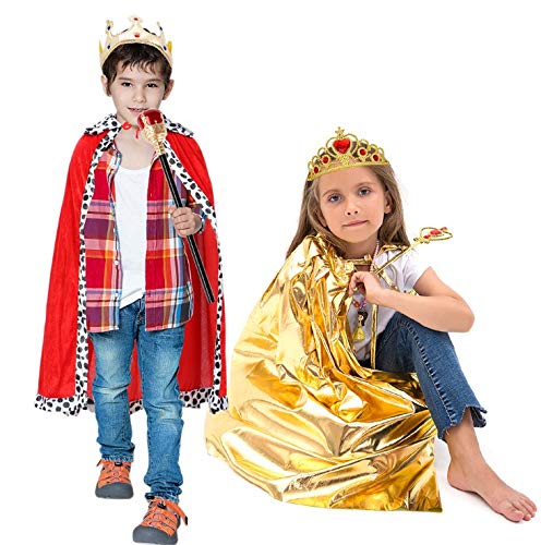 vamei Disfraces de niños Disfraz de Reina Disfraz de Rey Conjunto de Disfraces Traje de Natividad Capa Corona Cetro Real Disfraces de Halloween para niños Cosplay Juego de Roles Fiesta 3-9 años