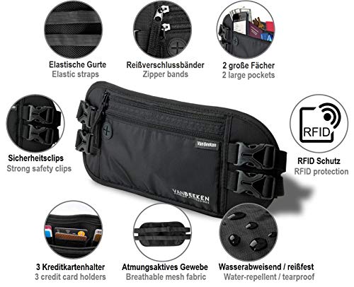 VAN BEEKEN Cinturón de Viaje Bolsa de Cintura - Riñonera bolsa de viaje delgada y resistente al agua - RFID bloqueo, billetera antirrobo mujer hombre - Festivales, Deportes, Senderismo – Negro