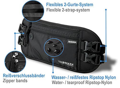 VAN BEEKEN Cinturón de Viaje Bolsa de Cintura - Riñonera bolsa de viaje delgada y resistente al agua - RFID bloqueo, billetera antirrobo mujer hombre - Festivales, Deportes, Senderismo – Negro