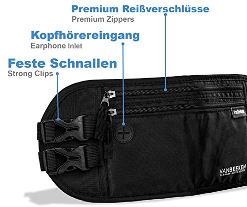 VAN BEEKEN Cinturón de Viaje Bolsa de Cintura - Riñonera bolsa de viaje delgada y resistente al agua - RFID bloqueo, billetera antirrobo mujer hombre - Festivales, Deportes, Senderismo – Negro