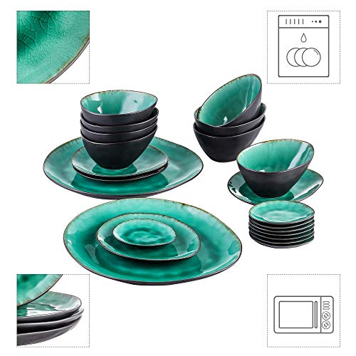 vancasso Serie Coco Juego de Vajillas Esmaltadas Gres Vajilla Irregular de 22 Piezas Azul Turquesa, para 8 Personas, 8 Cuencos 8 Plato de Salsa, 4 Platos y 2 Platos Grandes