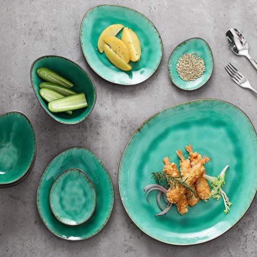 vancasso Serie Coco Juego de Vajillas Esmaltadas Gres Vajilla Irregular de 22 Piezas Azul Turquesa, para 8 Personas, 8 Cuencos 8 Plato de Salsa, 4 Platos y 2 Platos Grandes