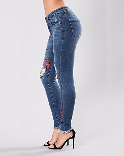Vaqueros Skinny Push-Up Pantalones Elástico Jeans Bordados Vaqueros para Mujer Azul Marino S