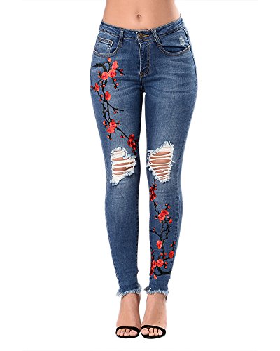 Vaqueros Skinny Push-Up Pantalones Elástico Jeans Bordados Vaqueros para Mujer Azul Marino S