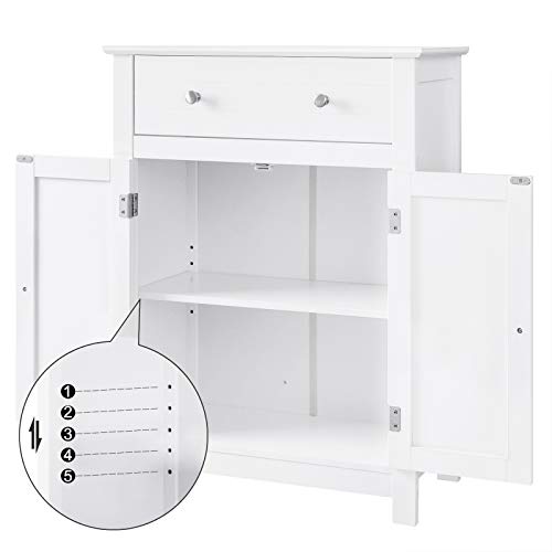VASAGLE Armario para baño con cajón y balda Ajustable,con Estilo rústico, Madera, Blanco, 60 x 30 x 80 cm, BBC61WT