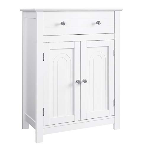 VASAGLE Armario para baño con cajón y balda Ajustable,con Estilo rústico, Madera, Blanco, 60 x 30 x 80 cm, BBC61WT