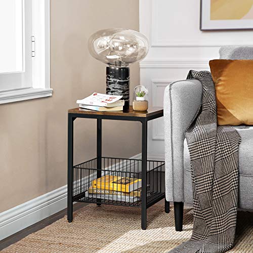 VASAGLE Mesa Auxiliar, Mesita de Noche, con Cesta de Almacenaje, para Dormitorio, Salón, Estructura Simple, Estilo Industrial, Marrón Rústico y Negro LET35BX