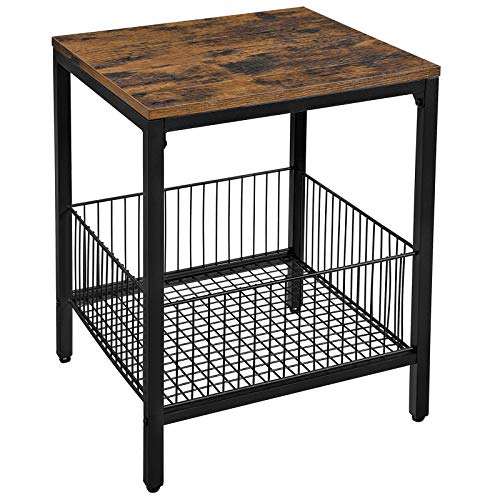 VASAGLE Mesa Auxiliar, Mesita de Noche, con Cesta de Almacenaje, para Dormitorio, Salón, Estructura Simple, Estilo Industrial, Marrón Rústico y Negro LET35BX