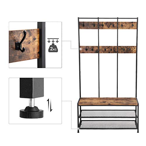 VASAGLE Perchero Grande para Abrigos, con 12 Ganchos y Banco de Zapatos, Diseño Industrial, Estante Multifuncional para Pasillo, Oficina, Dormitorio, Marco de Acero, Marrón Rústico y Negro HSR86BX