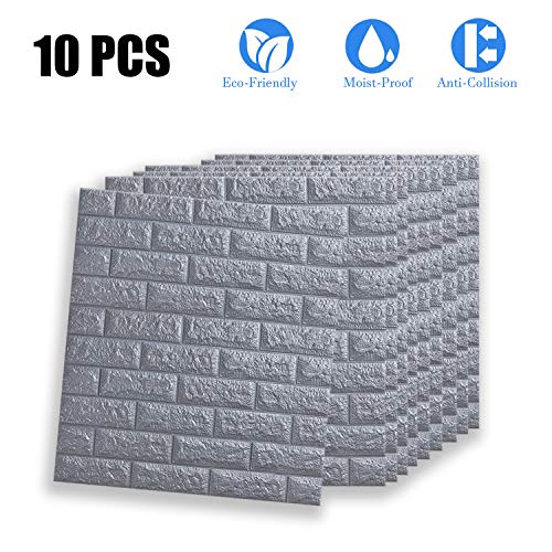 VASEN 3D Papel Pintado Autoadhesivo del Ladrillo, Papel Pintado, Papel Pared, Impermeable Pintado Pegatina para Hogar Cocina Salón, 77 * 70cm (10 piezas, Gris)