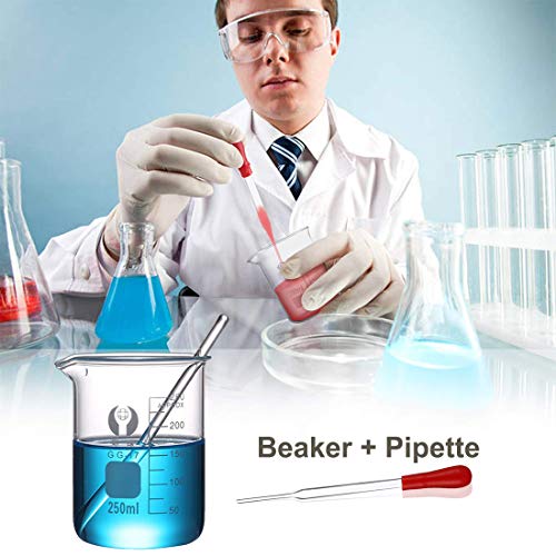 Vaso de Vídrio Graduado, JESSTOLO 3pcs Vaso de Laboratorio Borosilicato 50ml/100ml/250ml, con 3 Cepillos de Limpieza, 3 Pipetas de Vidrio, 2 Varillas de Agitación de Vidrio para Laboratorio Hospital