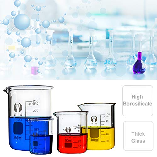 Vaso de Vídrio Graduado, JESSTOLO 3pcs Vaso de Laboratorio Borosilicato 50ml/100ml/250ml, con 3 Cepillos de Limpieza, 3 Pipetas de Vidrio, 2 Varillas de Agitación de Vidrio para Laboratorio Hospital