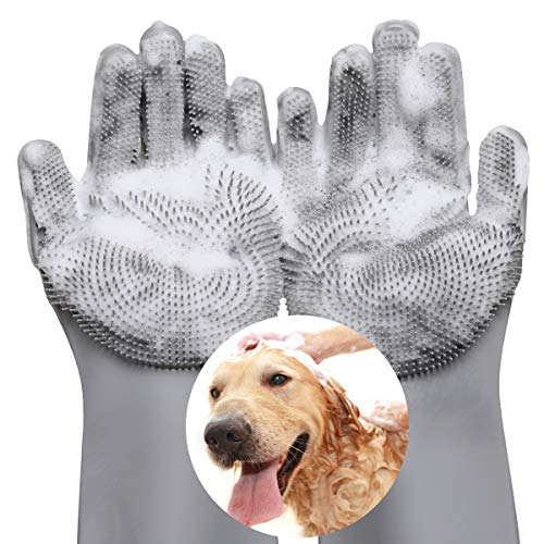 Vavopaw Guantes de Baño de Mascotas, [1 Par / 2 pzs] Guantes de Aseo para Perro y Gato con Elevados de Silicona de Alta Densidad, Guantes Manopla Masaje Grooming Suave Retiro del Pelo - Gris