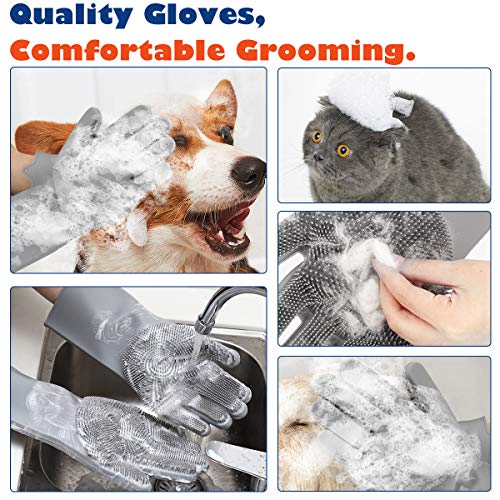 Vavopaw Guantes de Baño de Mascotas, [1 Par / 2 pzs] Guantes de Aseo para Perro y Gato con Elevados de Silicona de Alta Densidad, Guantes Manopla Masaje Grooming Suave Retiro del Pelo - Gris