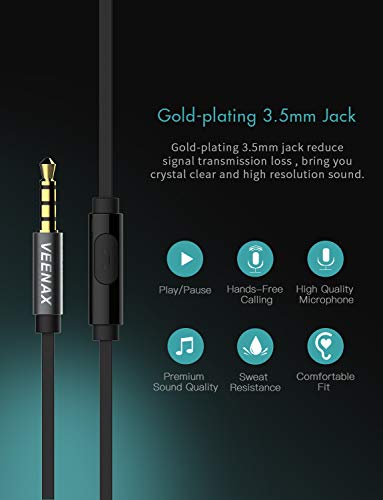 VEENAX M6 Auriculares In Ear, Auriculares con Micrófono y Cable, Estéreo Cascos con Bajos, Audífonos para iPhone iPad iPod Samsung Teléfono Móvil Smartphone Ordenador PC Tablet MP3, 3,5mm, Negro