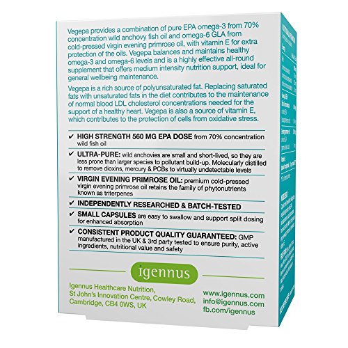 Vegepa Suplemento de Omega-3-6, 800mg de Aceite de Pescado Salvaje y Aceite de Onagra Virgen, 560mg de Omega-3 EPA por porción, 60 cápsulas