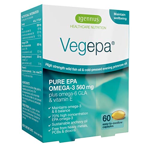 Vegepa Suplemento de Omega-3-6, 800mg de Aceite de Pescado Salvaje y Aceite de Onagra Virgen, 560mg de Omega-3 EPA por porción, 60 cápsulas