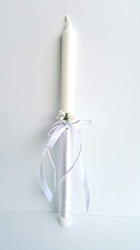 Vela bautizo unisex de cera blanca, vela primera comunion,decorada con lazo color blanco y flor 35 cm.