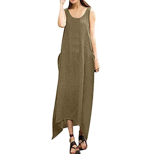 VEMOW Faldas Mujer Vestido Blusas Tops Lino de algodón sin Mangas Estilo Boho de la Vendimia Irregular Vestido(Ejercito Verde,5XL)
