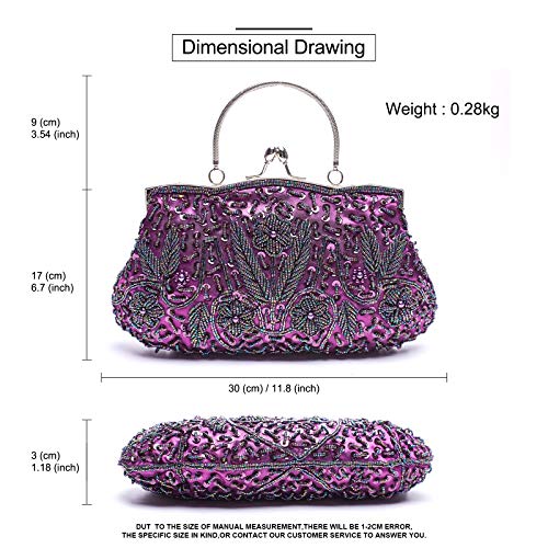 VENI MASEE Colección Antiguo Bolso de noche suave con lentejuelas, cuentas y lentejuelas, lentejuelas exquisitas con lentejuelas con hojas de lentejuelas, bolso de mano