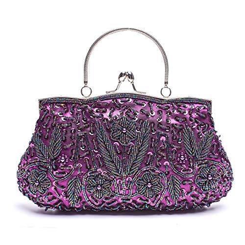 VENI MASEE Colección Antiguo Bolso de noche suave con lentejuelas, cuentas y lentejuelas, lentejuelas exquisitas con lentejuelas con hojas de lentejuelas, bolso de mano