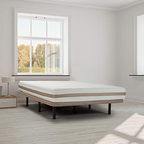 Ventadecolchones - Base tapizada Modelo Drago Súper-Reforzada con Sistema Antiruido con 7 Patas de 27 cm con 7 Barras transversales 3D Beige Medida 160 x 200 cm