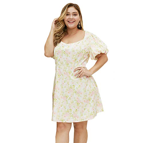 Verano Más El Tamaño Del Camisón De La Mujer, De La Impresión Floral Del Cuello Redondo De Gran Tamaño Loungewear Brotes De Manga Corta Ropa De Dormir Vestidos Vestido Flojo Del Sueño,Amarillo,XXL