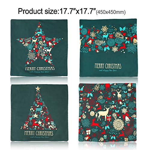 Verde Elegante Cojines Almohadas Fundas de Feliz Navidad Año Nuevo Decorativo para Sofás Cama Taburetes Sillones Salón Decoraciones Accesorios de Navidad, 4 Terciopelo Piel de Melocotón Fundas 45x45cm