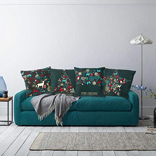 Verde Elegante Cojines Almohadas Fundas de Feliz Navidad Año Nuevo Decorativo para Sofás Cama Taburetes Sillones Salón Decoraciones Accesorios de Navidad, 4 Terciopelo Piel de Melocotón Fundas 45x45cm