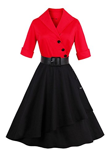 VERNASSA 50s Retro Vestidos, Vintage 3/4 Manga Audrey Retro Cinturón Retro 1950s Partido Cocktail Rockailly Swing Dress, Multicolor, S-4XL