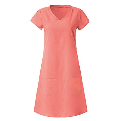 Vestido Corto Informal con Bolsillos, Vestido de Verano de Yvelands para Mujer Vestido de Talla Grande Camiseta de algodón y de Lino Vestido a Media