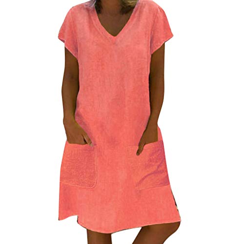 Vestido Corto Informal con Bolsillos, Vestido de Verano de Yvelands para Mujer Vestido de Talla Grande Camiseta de algodón y de Lino Vestido a Media