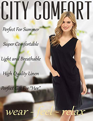 Vestido Recto de Lino de Verano para Mujer Sin Mangas con Cuello en v hasta la Rodilla Corte Suelta túnica con Cintura Natural y 2 Bolsillos Delanteros EU 38-52 (46, Negro)