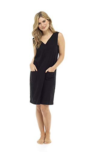 Vestido Recto de Lino de Verano para Mujer Sin Mangas con Cuello en v hasta la Rodilla Corte Suelta túnica con Cintura Natural y 2 Bolsillos Delanteros EU 38-52 (46, Negro)