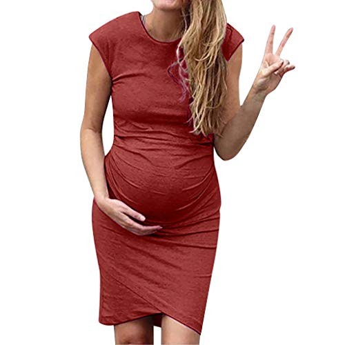 Vestidos para Mujer sin Mangas Moda Costura Dobladillo Ropa premamá Mamá Moda Color Sólido Cuello Redondo Falda de Verano Vestido de Maternidad MMUJERY