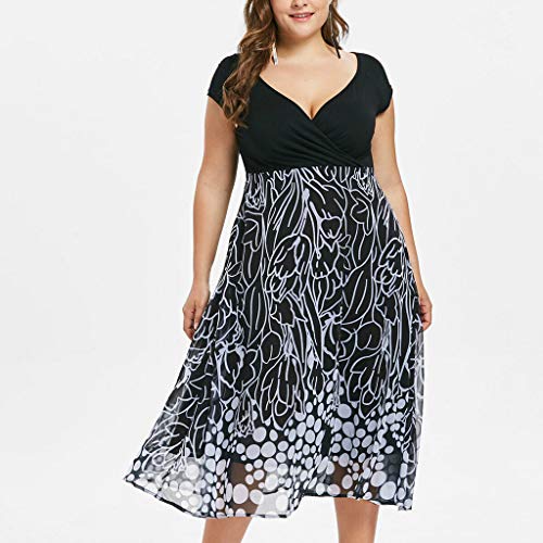 Vestidos para Mujer,Moda Tallas Grandes Fiesta Vestido Elegante Cuello en v Vestido de Noche Verano Punto de Onda Impresión Casual Vestidos Cortos Sexy Vestido sin Manga vpass