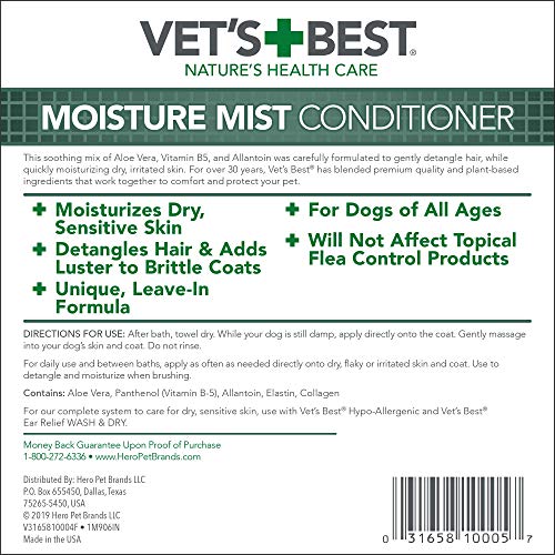 Vet's Best Moisture Mist Dog Dry Skin Conditioner y Detangler Spray, Alivia la Picazón de la Piel, Refresca y Calma, 470ml
