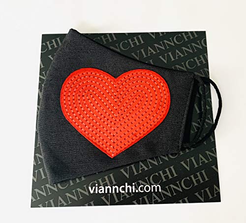 Viannchi Mascarilla reutilizable de Mujer, Talla M, color Negro con corazon brillantina rojo,protección contra el polvo, fabricada en España. Medidas 20x12x7 cm
