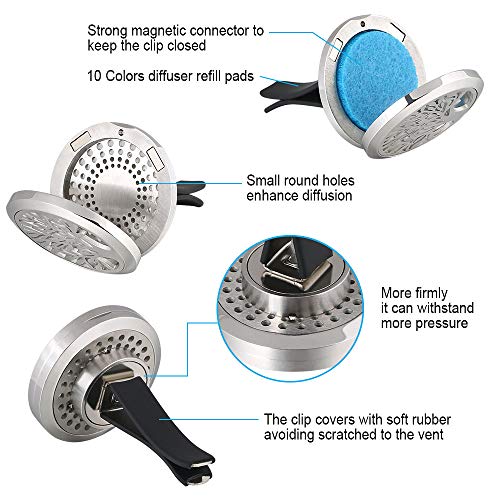 Vicloon Ambientador Difusor, Combinacion Magnetica Ambientador para Coche Aromatherapy Difusor de Aceite Esencial Locket de Acero Inoxidable con Vent Clip 10 Almohadillas de Fieltro Lavables.