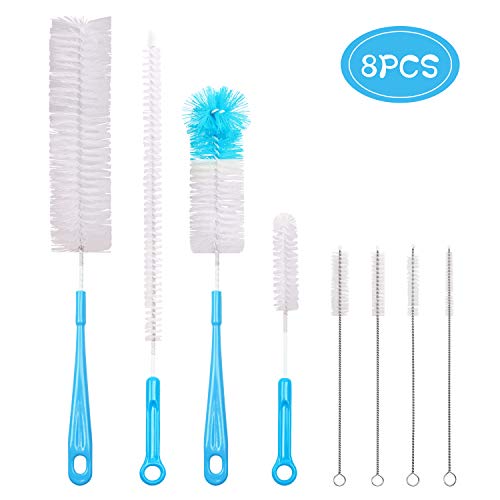 Vicloon Cepillo de Botellas, 8 Pcs Azul Cepillo de Limpieza Botella con Cerdas de Nylon, Cepillo de Tubo de Pajitas para Botellas de Cristal Deportes Botellas de Agua Tetera El Teclado de Ordenador