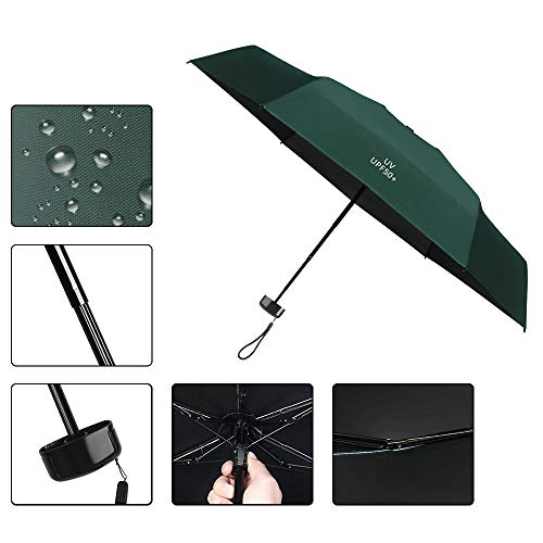 Vicloon Mini Paraguas, Paraguas de Viaje Portátil 6 Varillas con Puesto de Paraguas y 210T Negro Tela de Goma, Paraguas Plegables y Compacto, Mini Viento Paraguas 95% De Resistencia UV - Verde