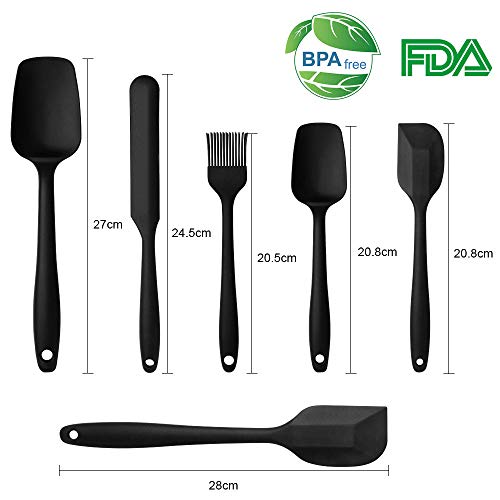 Vicloon Utensilios de Cocina de Silicona,Set de 6 Espátulas Silicona Incluye Hilvanado Cepillo, Espátula,Cuchara, No Tóxico, Antiadherente,Resistente al Calor,Utensilios para Cocina y Horneado (Negro)