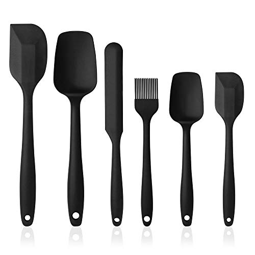 Vicloon Utensilios de Cocina de Silicona,Set de 6 Espátulas Silicona Incluye Hilvanado Cepillo, Espátula,Cuchara, No Tóxico, Antiadherente,Resistente al Calor,Utensilios para Cocina y Horneado (Negro)